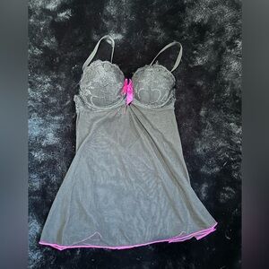 Black Lace Babydoll Lingerie with Pink Bow Accents - Size Small